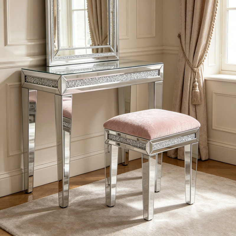 Mikayil Glass Mirrored Accent Stool Diamonds Vanity Stool, Light Pink