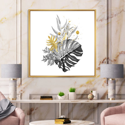Bouquet avec feuilles tropicales monochromes et dorées - Impression sur toile