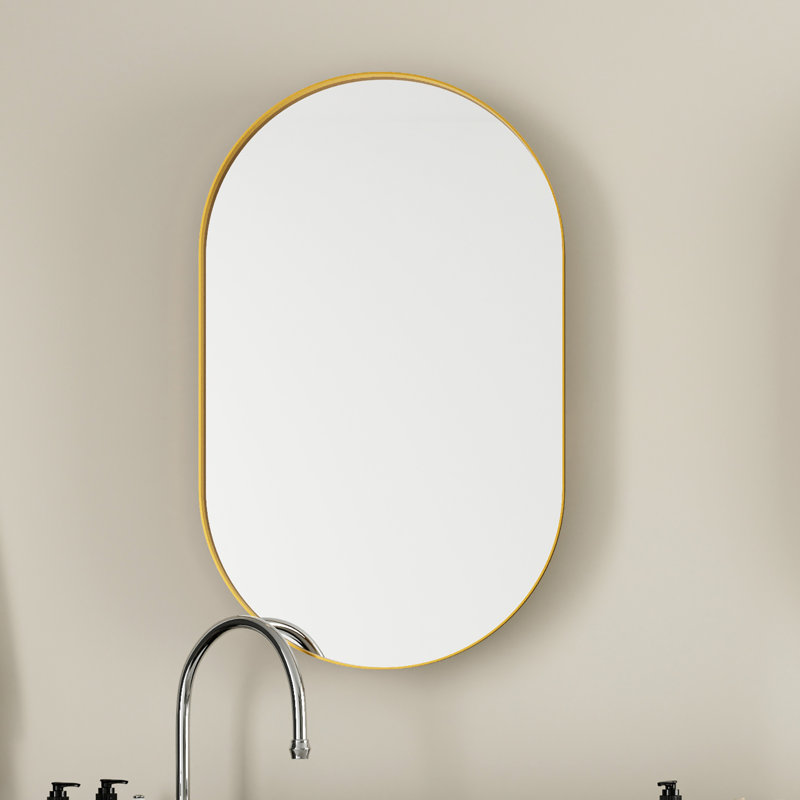 Armoire à pharmacie de 20 po x 34 po à cadre ovale en métal avec miroir et tablettes réglables, Or mat