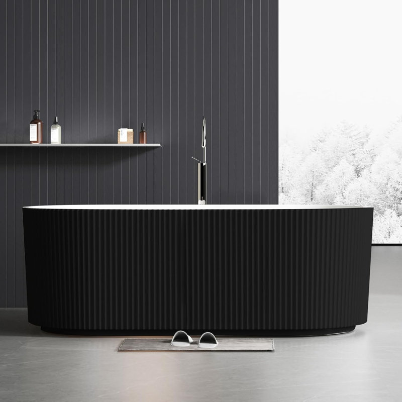 Baignoire de trempage autoportante, construction en acrylique, longueur 59 po, conception profonde avec bonde escamotable et trop-plein, style spa de salle de bain moderne, finition noire et blanche
