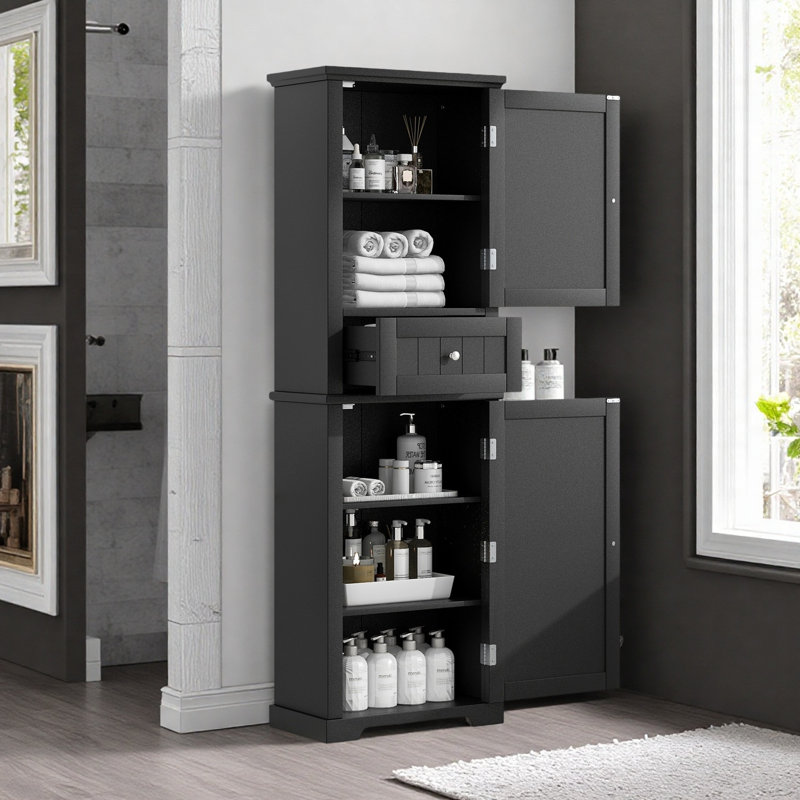 Freestanding Linen Cabinet With Drawer And Adjustable Shelf, Black
