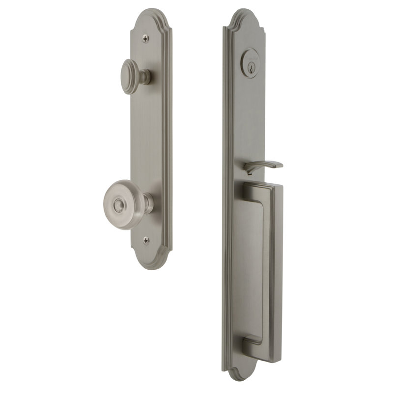 Ensemble de poignées une pièce Arc avec pêne dormant cylindrique simple et poignée en D avec bouton, Nickel satiné, 2.75"