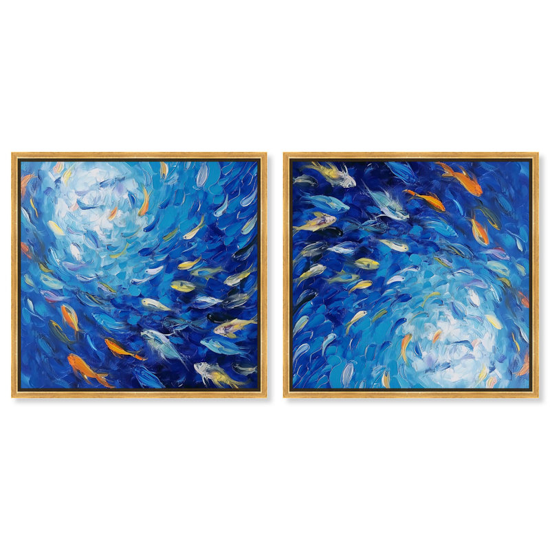 Sea of Vibrant Tides Set Canvas Flowy Abstracts by Art Remedy, 41" H x 41" W, Gold Framed
