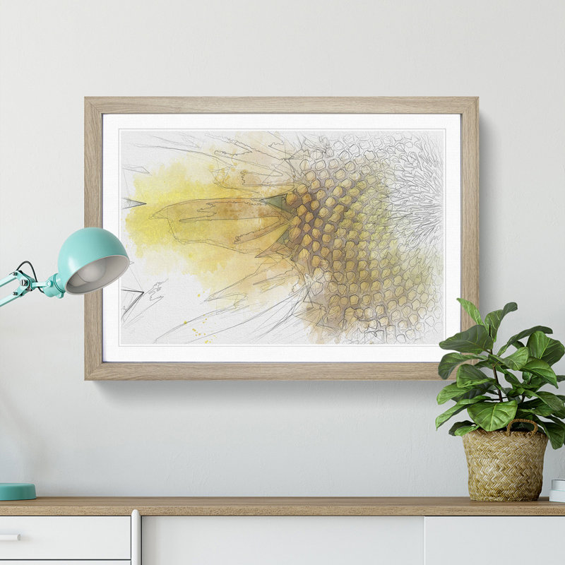 Petals of the Yellow Sunflower Sketch - Picture Frame Graphic Art Print, 62cm H x 87cm W x 2cm D, Oak Framed