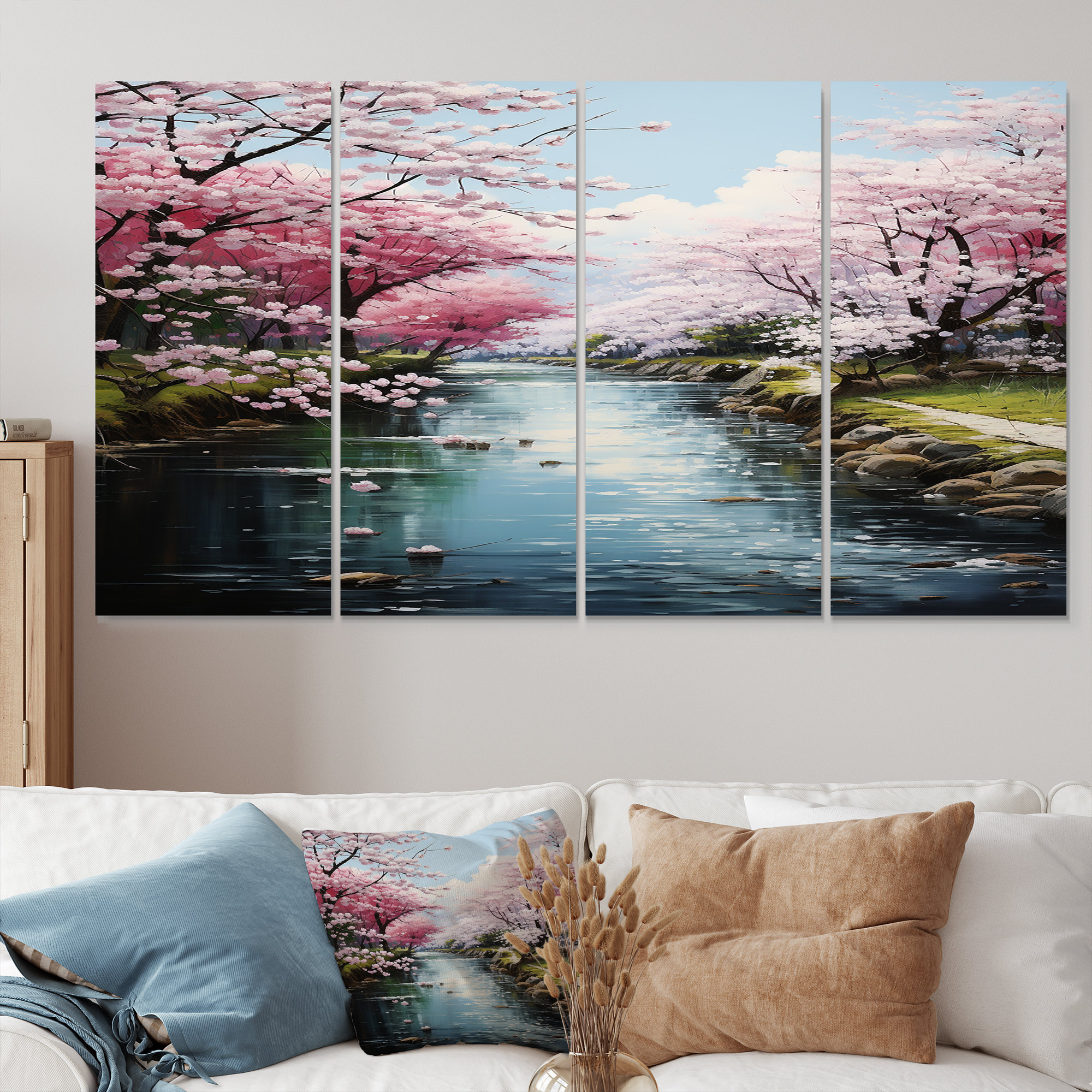 Winston Porter Cherry Blossom Spring River - River Wall Art Decor Set 4 ...