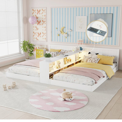 Twin Size Double Bed Frame with Storage, Floor Bed with Light & Charging Station, Convertible Kids Bed Frame, White