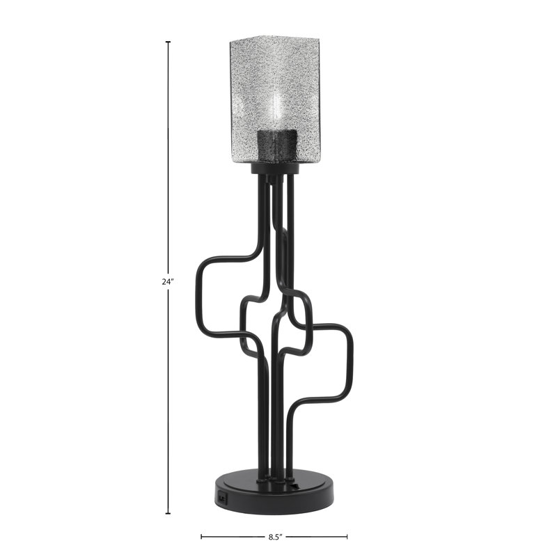 Lampe d'appoint Amarmula, avec ports USB, finition noir mat, verre à bulles carré de 3,5 po, Noir, Transparent/noir