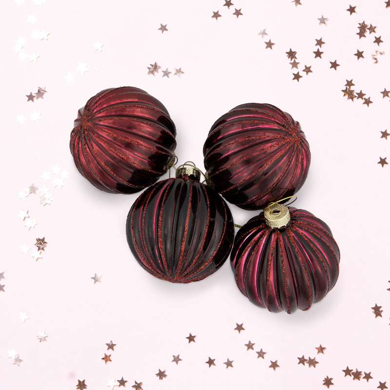 3'' Striped Glass Ball Ornament, Maroon