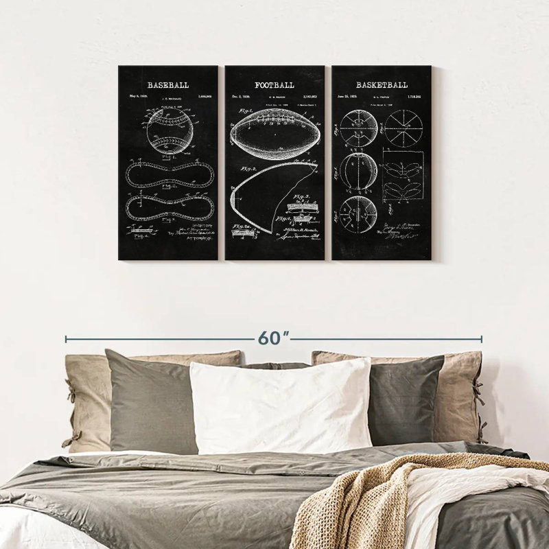 Ensemble de 3 balles de sport BW sur toile, H 28 po x l 45 po x P 1,25 po