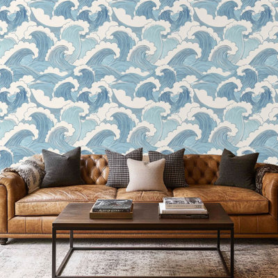 Papier peint à peler et coller avec motif de nuage de lignes bleues ondulées et auto-adhésives 17,7 po x 118 po (45 x 300 cm)