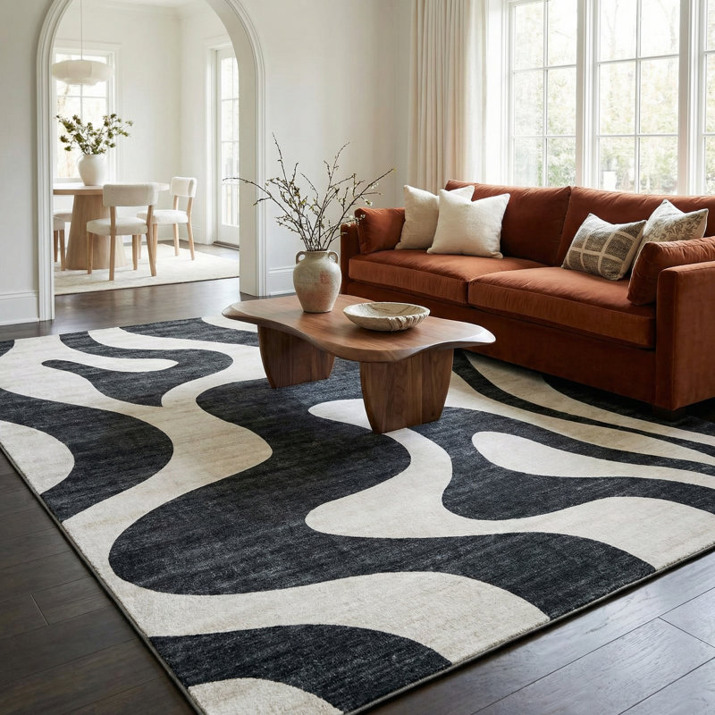 Rug Branch Elliot 4' x 6' (3'11" x 5'10") Black/White Abstract Wave Area Rug, Contemporary, Medium Pile, Stain-Resistant Carpet - Living Room, Bedroom, Dining Room, and Kitchen