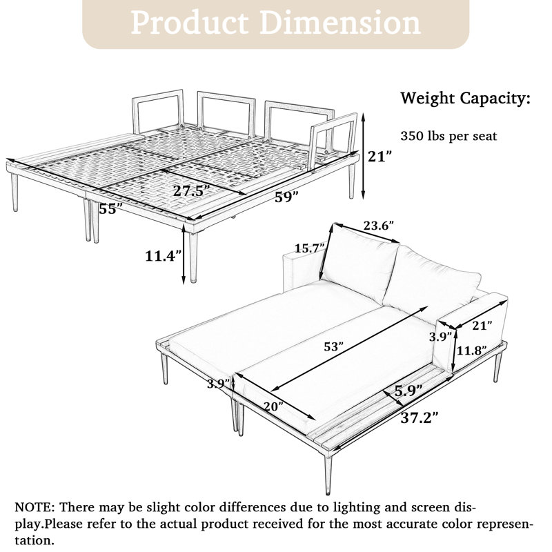 Lit de jour d'extérieur moderne en métal, chaises longues rembourrées 2 en 1, avec espaces latéraux garnis de bois, coussins et coussins fixes et lavables, supports de pieds réglables, faciles à installer