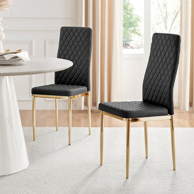 Morgan Hatched Faux Leather Sleek Metal Leg Luxury Dining Chairs, Lorenzo Milan Black Faux Leather, Gold