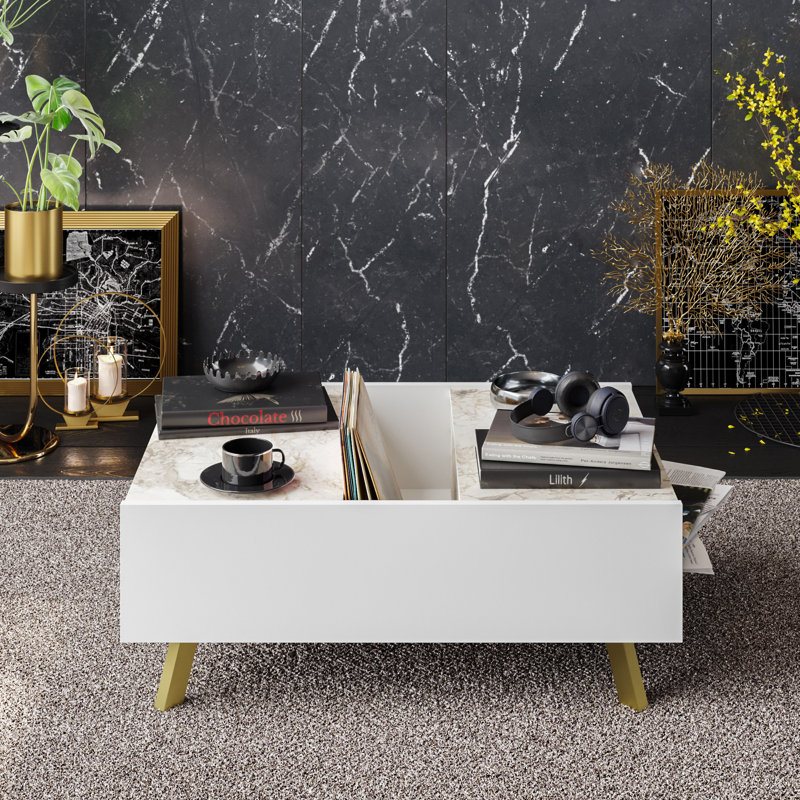 Modern Coffee Table with Metal Legs, White Marble Finish, 35.4 x 24.8 x 13.4 inches | 100% Melamine Coated Particle Board, Thickness: 0.7 inches | Multi-Shelf Design, Wall-Mountable for Space-Saving Elegance