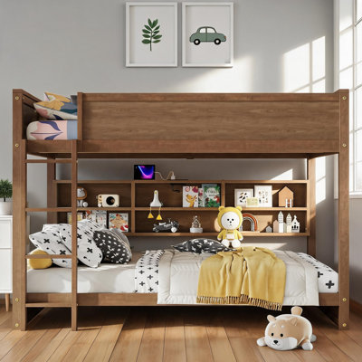 Double Queen Size Solid Pine Platform Bunk Bed With Built-In Storage And Charging Station For Shared Bedrooms