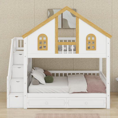 Lit superposé simple en bois avec deux tiroirs et escalier de rangement, cadre de lit superposé avec fenêtre, porte et garde-corps