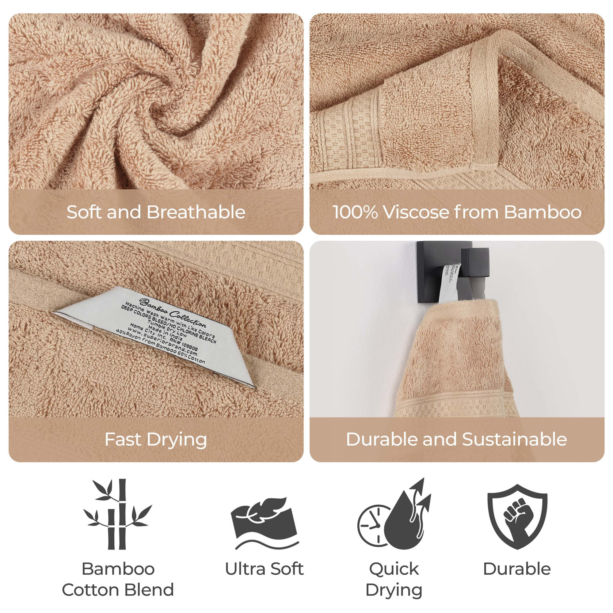 Nolhan Rayon from Bamboo Cotton Blend 6 Piece Towel Set, Sand