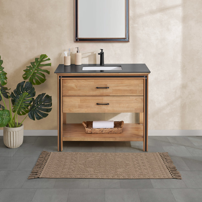 French Connection Nellore Fringe Machine Washable Cotton Bath Rug, Light Brown, 49" L x 26" W