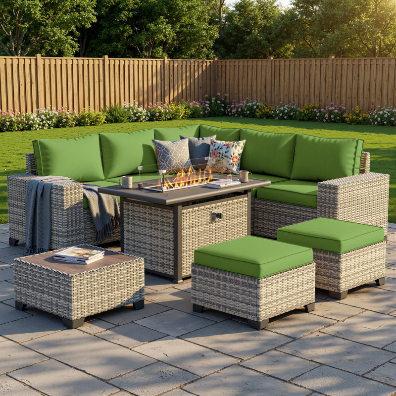 9-Piece Outdoor Modular Patio Conversation Set With Fire Pit Table, Sectional Sofa & Ottomans, Lime Green