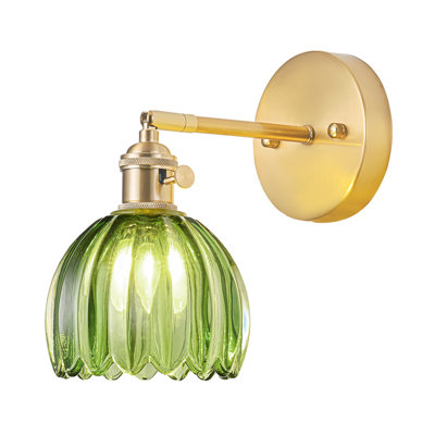 Hardwired Wall Sconce Light, Vintage Wall Sconce with Switch, Gold Wall Light Fixture with Tulip Green Glass Lampshade, Indoor Wall Light for Bedroom Bathroom, Bedside Wall Lamp