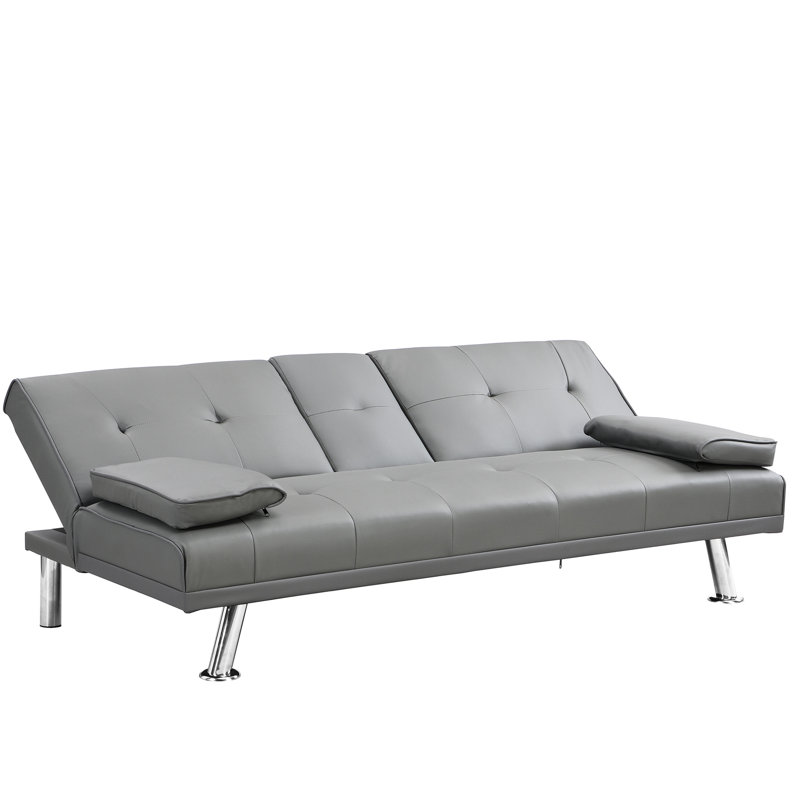 Lit avec accoudoirs gris, structure en acier inoxydable, capacité de poids de 600 lb, polyvalent avec accoudoirs, aspect cuir gris, pieds, largeur de l'ensemble de 38,98 po, style tendance pour toute pièce