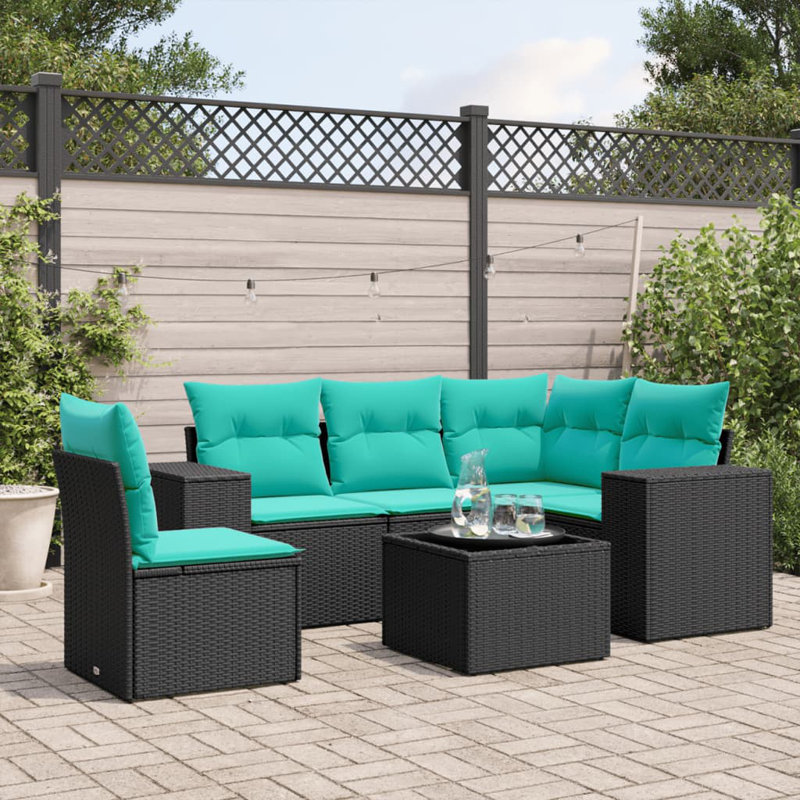 Ensemble de canapé de patio 6 pièces avec coussins en rotin de polyester, Bleu clair, Noir