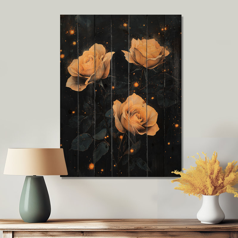 Midnight Vintage Rose Flowers Elegance III - décoration murale en bois de roses - sur bois de pin naturel
