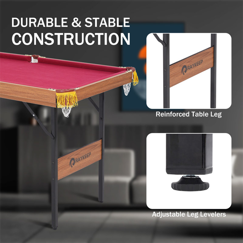 Portable Pool Table RayChee 54' Bumper Pool Table with Leg Levellers, Red/Brown Wood