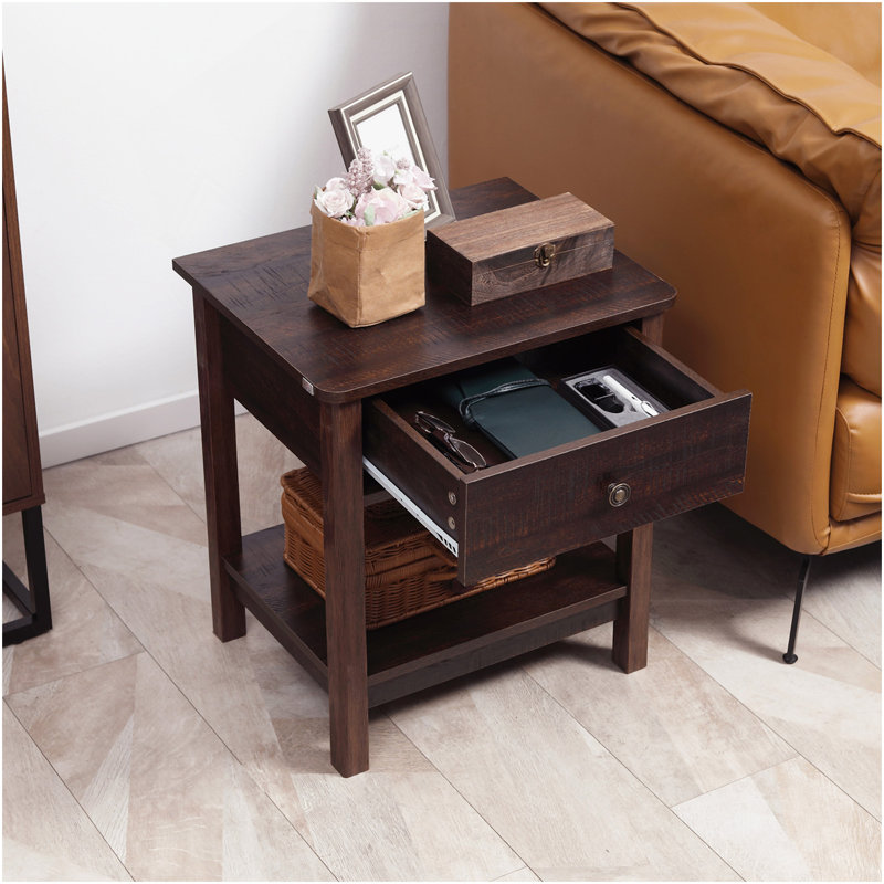 End Table With Drawer, Side Table With Top And Bottom Shelf For Small Spaces, Dark Brown