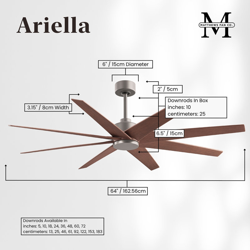 Ariella - Eight Blade Ceiling Fan - Brushed Brass Finish - Matte Black Blades, Walnut Tone, Brushed Nickel