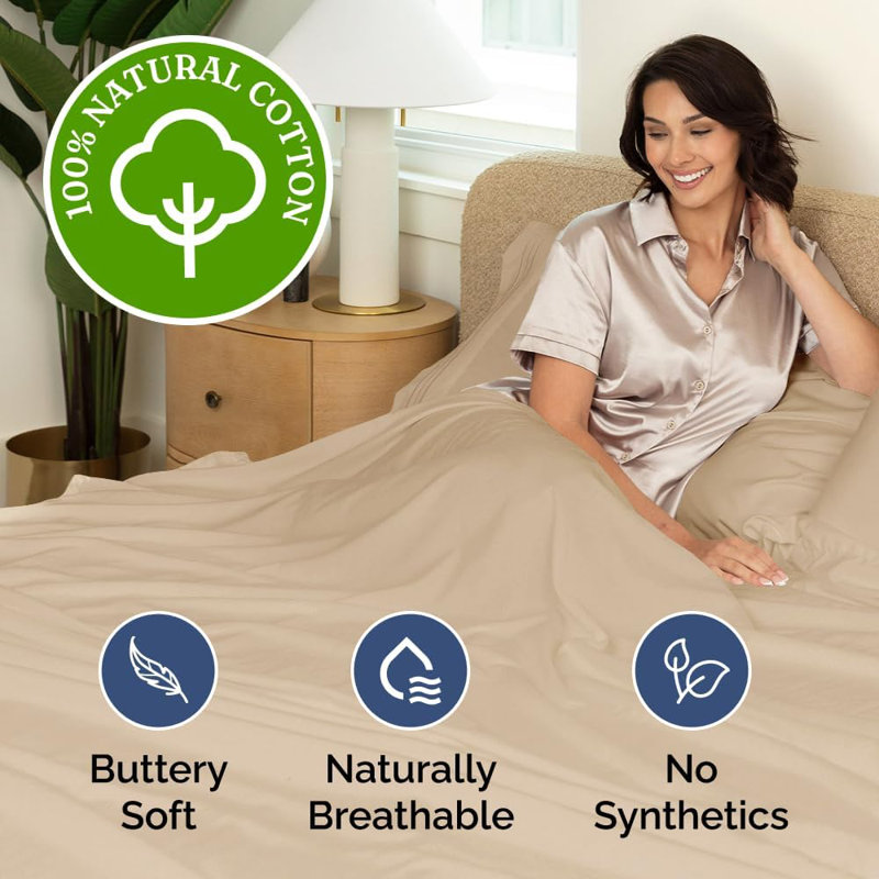 100% Cotton Sheet Set, 400 Thread Count Hotel Luxury Bedding, Soft & Breathable Bed Sheets, 4 Piece Set, Cream