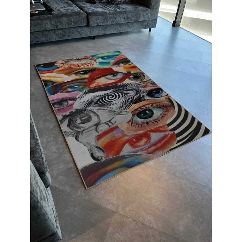 Multi-Colored Mixed Surrealist Eye Patterned Creative Modern Decorative Rug, Rectangle 3'11.24" x 5'10.87"