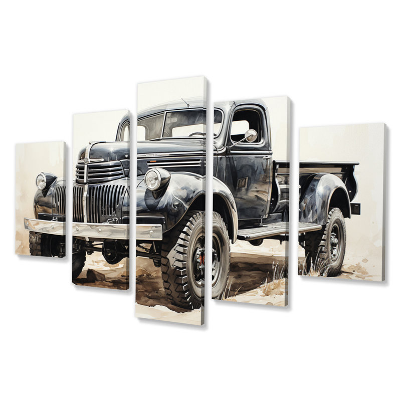 Minimaliste camionnette monochrome - transport mural art salon - 5 panneaux