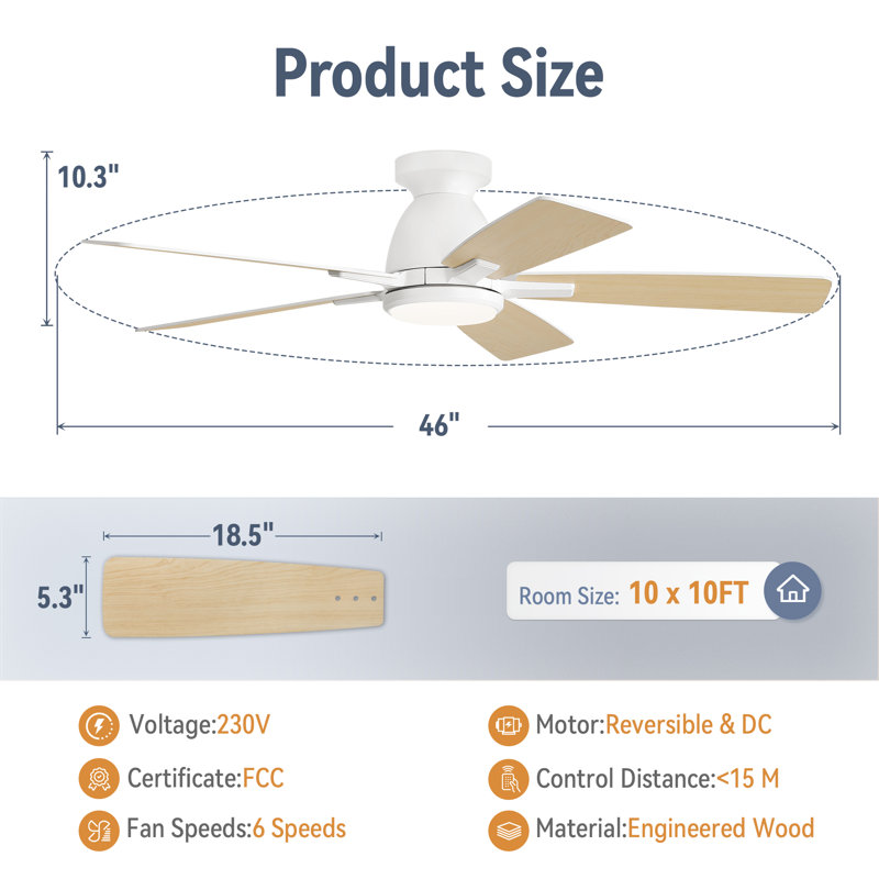 Cissline 46" 5 - Blade Flush Mount White Ceiling Fan With Led Lights, Controled With Remote Control Or App, 46", White