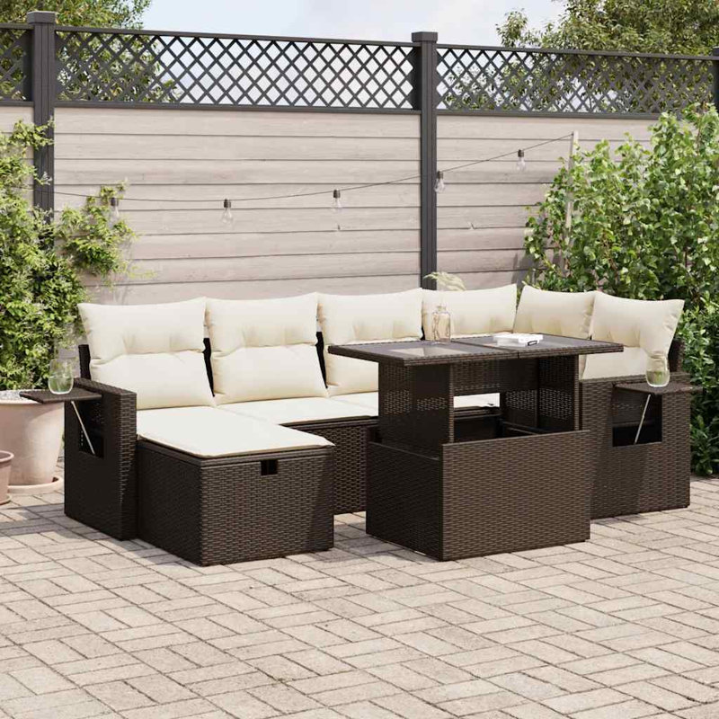  Ensemble de canapé de patio 7 pièces avec coussins en rotin de polyester brun