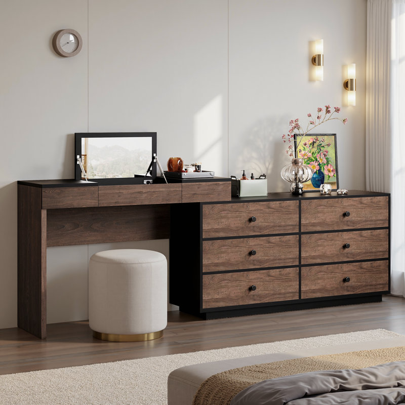 Carmavy Extendable Vanity Makeup Table Home Office Desk with Flip-Top Makeup Mirror and 6 Storage Drawers