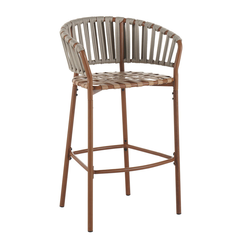 Tabouret de bar d'extérieur en corde de métal, structure au fini teck et coussin beige, ensemble de 2
