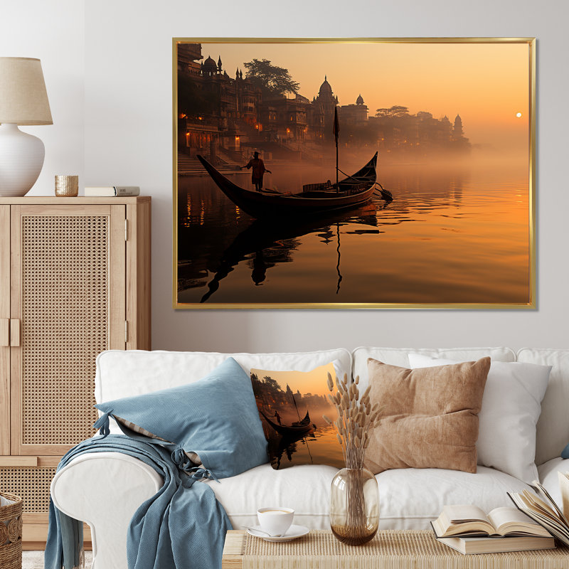 L'hindouisme Varanasi révérence sur toile, Cadre flottant doré, H 34 po x l 44 po