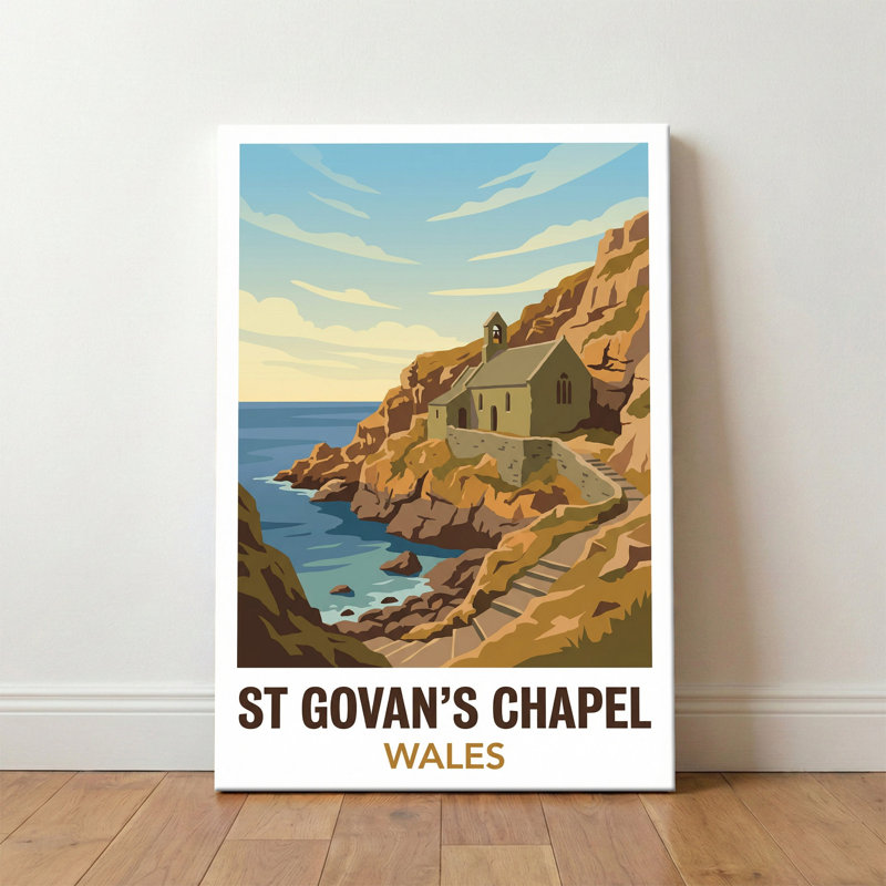 St Govan's Chapel, Wales - Cliff-side Romance Travel Poster. Giclee Print On Wrapped Canvas. Wall Art, Home Decor - Religious & Cultural Sites, Wales - Wrapped Canvas Print