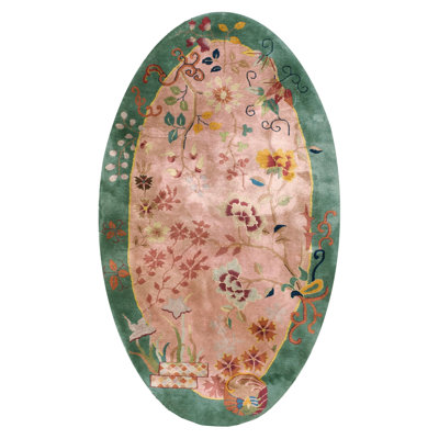 1920s Beige Roses AntiqueChinese Art Deco Oval Rug 4' x 6'10" Knotted Carpet