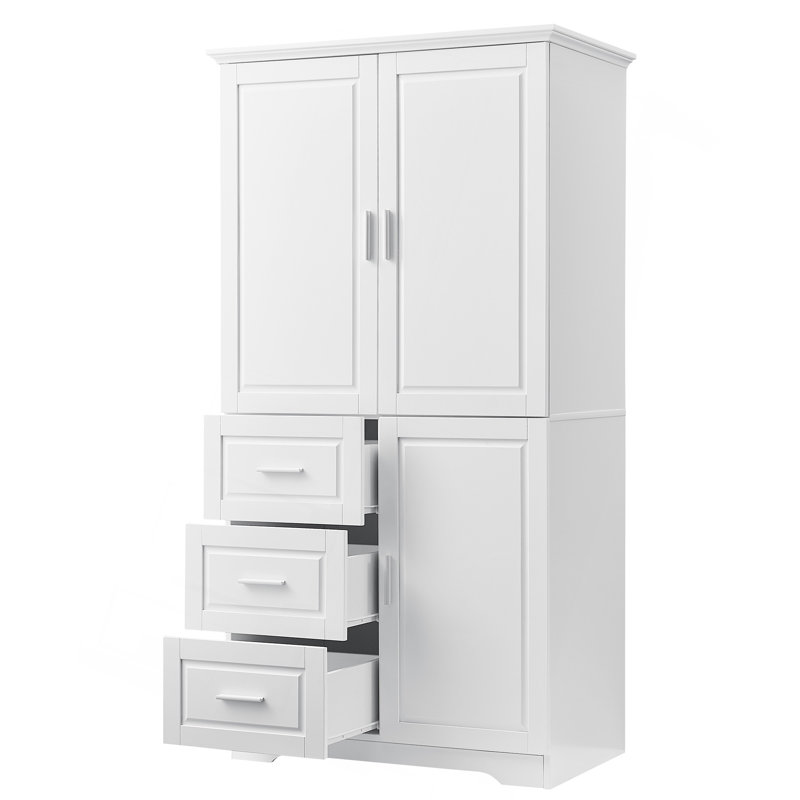 Armoire de rangement haute et large avec portes pour salle de bain / bureau, trois tiroirs, blanc, White