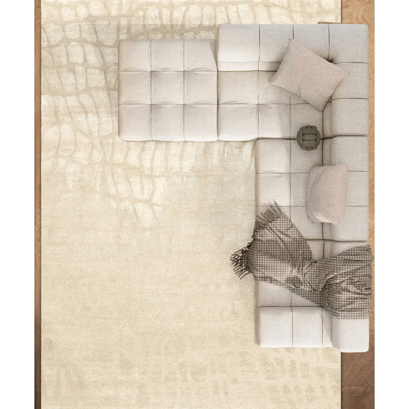 Hand Knotted Abstract Area Rug in Eggshell, Rectangle 8' x 10'