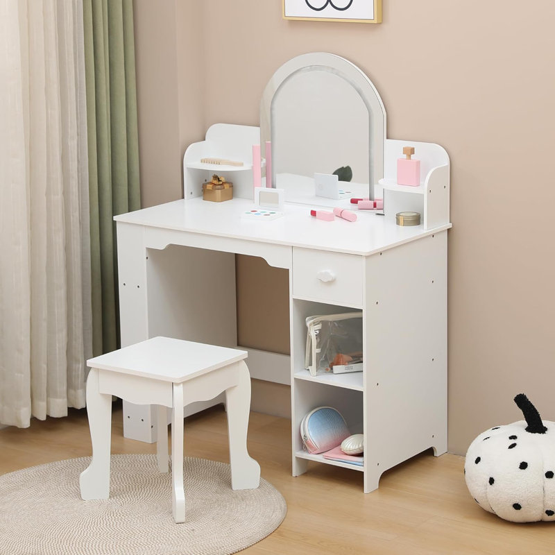 Kids Vanity with Lighted Mirror & Stool, Little Girls Vanity with Adjustable LED Light, Bookshelf, Storage Drawer & Shelves for Girls 3-9, White