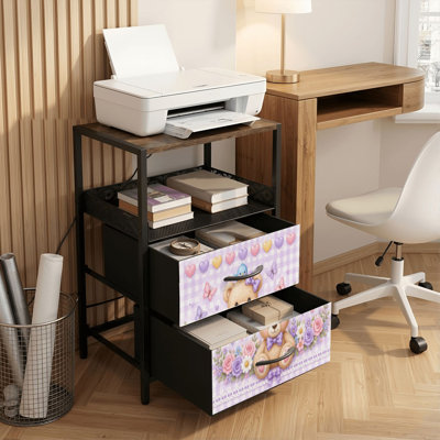 Table de chevet 2 tiroirs avec station de charge, table de chevet pour chambre à coucher avec ports USB, tablette ouverte noire, table de chevet avec joli ours en peluche papillon à imprimé floral pastel