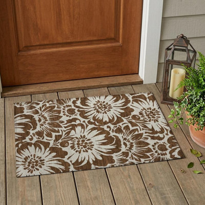 2' X 3' Brown and Ivory Floral Washable Non Skid Indoor Outdoor Area Rug