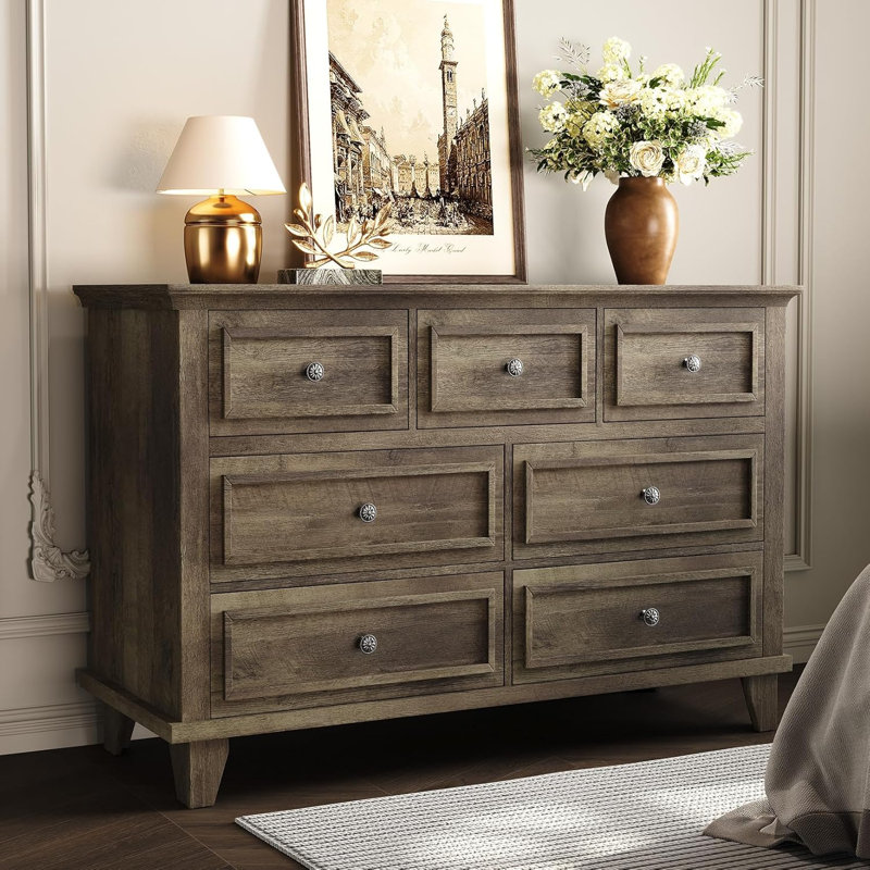 Grey 7-Drawer Dresser, 47" Wide Rustic Wood Chest with Metal Handles for Closet, Gray