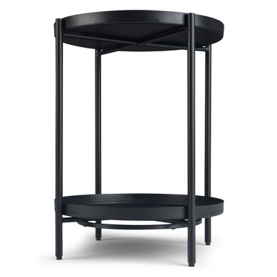 Black Metal Round End Table, Industrial Style Side Table with Flip Tray Tabletop & Open Storage Shelf, Handcrafted Powder Coated Accent Table for Living Room Bedroom