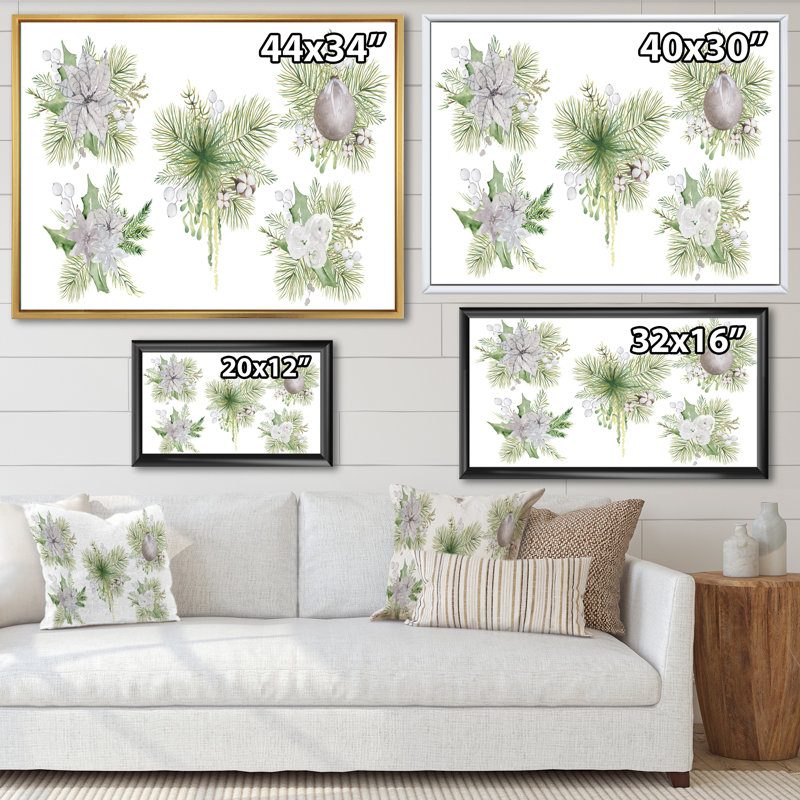 Bouquet floral de Noël avec coton, branches III - peinture sur toile, H 16 po x l 32 po, Toile à cadre flottant noir