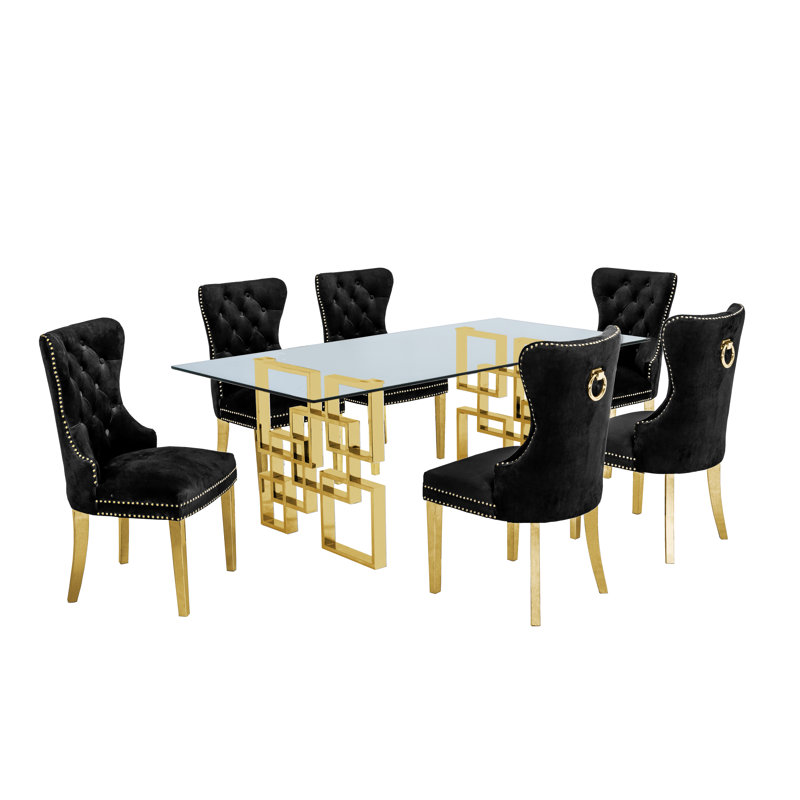Toombs Glass Top Double Pedestal Dining Set, Black/Gold, 7