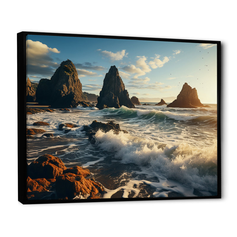 «Soumaya Rocky Beach Sea Stacks On», reproduction sur toile, H 12 po x l 20 po x P 1 po, Cadre flottant noir